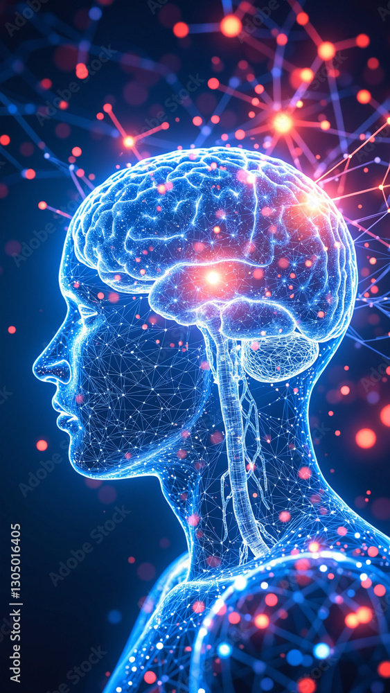 Poster dynamic digital illustration of a glowing brain with neural connections, depicting technological and