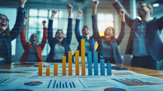 Business Triumph: A team celebrates amidst charts, capturing a moment of success and progress with graphs.