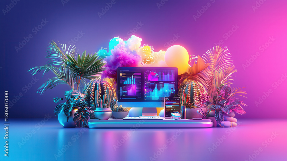 Poster vibrant illustration of collaborative innovation featuring computer setup surrounded by colorful pla