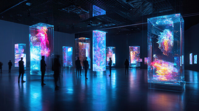 Immersive art installation featuring glowing, colorful displays in dark space. Visitors interact with vibrant, illuminated structures