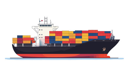 Illustration of a large cargo ship viewed from the side. The ship is predominantly dark-colored with a red bottom.  It is carrying numerous multicolored shipping containers stacked on its
