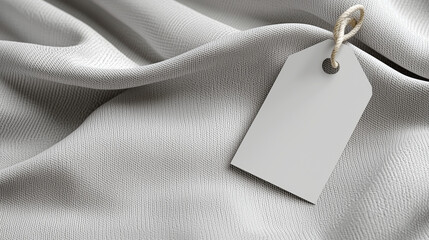 Minimalist Blank Clothing Tag on Textured Gray Fabric Background