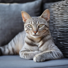 Grey tabby cat relaxing on sofa against textured background