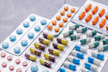 Variety of medicines and drugs.Medicine and healthcare concept.Variety of medicines and drugs.Medicine and healthcare concept.Pill for the prescription and treatment various diseases chemistry