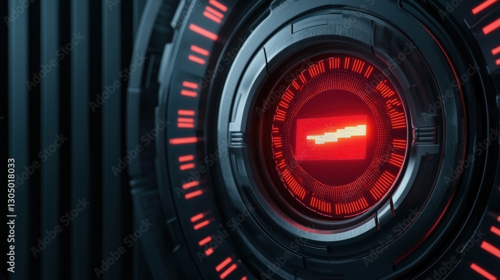 Poster peak energy demand concept. futuristic device with a glowing red center and intricate patterns.