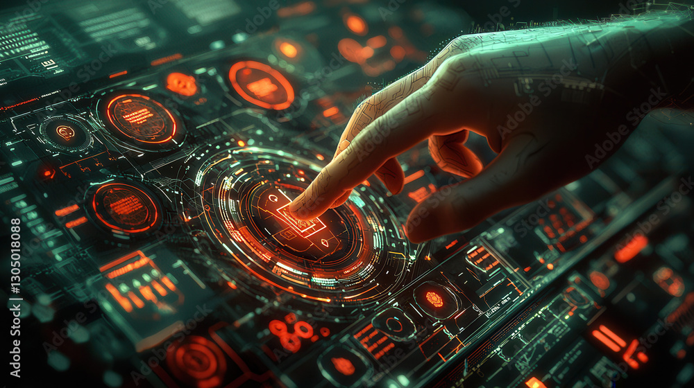 Poster advanced digital interaction scene featuring hand touching glowing interface with vibrant orange and