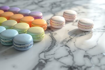 A colorful array of macarons arranged on a marble surface, showcasing various pastel shades. The delicate treats provide an aesthetic visual appeal perfect for dessert lovers.