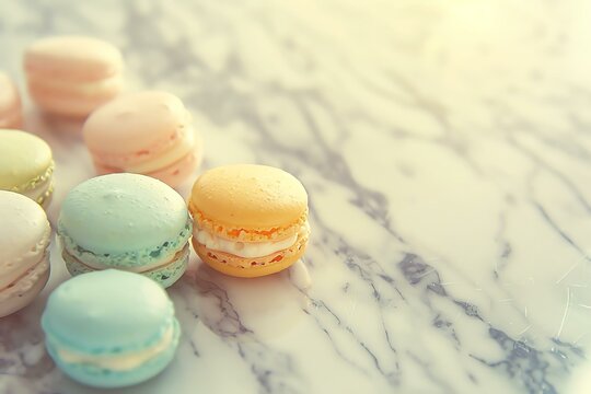 A delightful arrangement of colorful macarons on a marble surface, showcasing pastel hues that evoke a sense of elegance and sweetness, perfect for dessert lovers. - Powered by Adobe