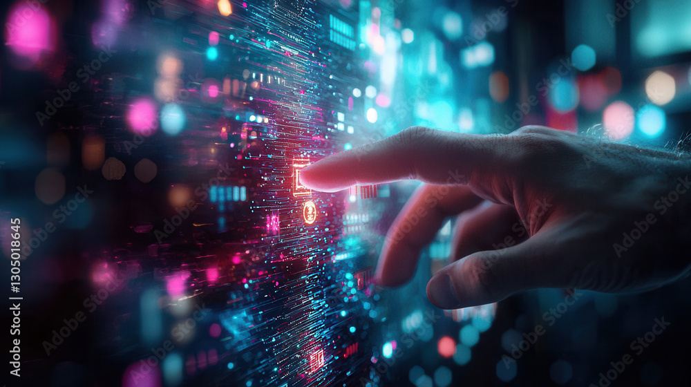 Poster futuristic digital interaction with glowing data streams and vibrant colors