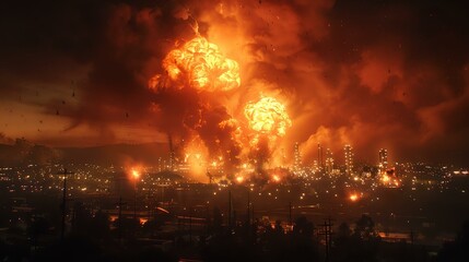 Fototapeta premium A dramatic scene of explosions illuminating the night sky over a city landscape, highlighting the impact of conflict and destruction on urban life.