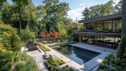 Fototapeta premium Sunlit Geometric Modern Estate with Rooftop Terrace