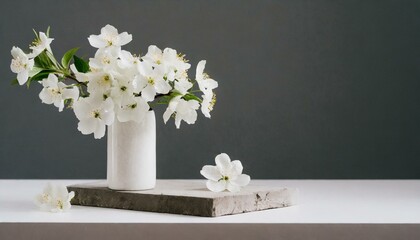 A simple floral arrangement of white blossoms in a marble-textured vase on a gray backdrop. Clean lines and a calm palette evoke a modern still life aesthetic with subtle beauty for a calm serene vibe