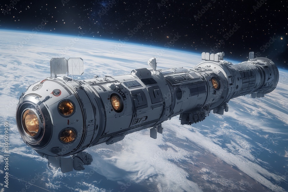 Poster space station floating above earth with visible details and solar panels during a clear day