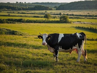 Fototapeta premium Black and White Cow in Scenic Rural Landscape: Sustainable Livestock and Biodiversity in Organic Farming Meadow