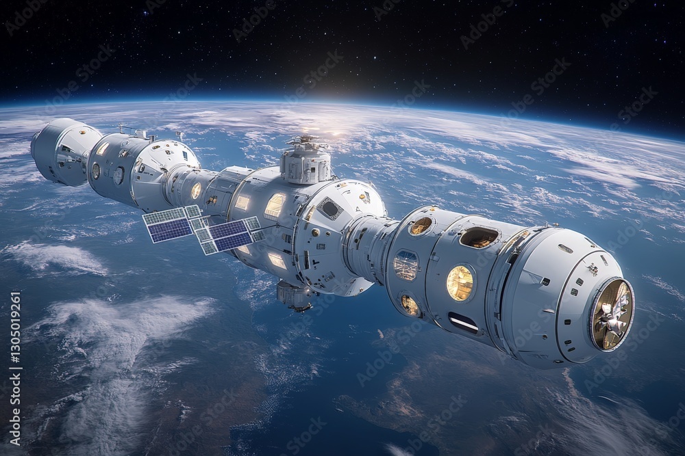 Aufkleber space station orbits earth with solar panels extended and windows illuminated, showcasing human inno