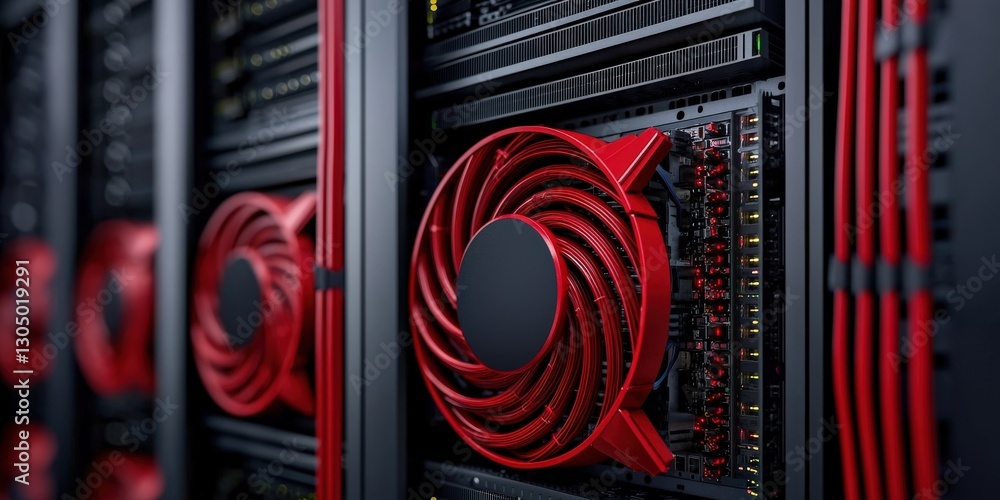 Poster peak energy demand concept. cooling system of a server with red fans and black hardware components.