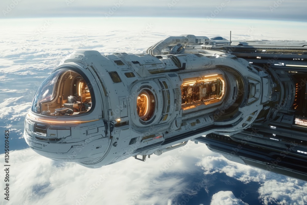 Leinwandbilder spaceship navigating through clouds above earth during a serene daytime in the cosmos
