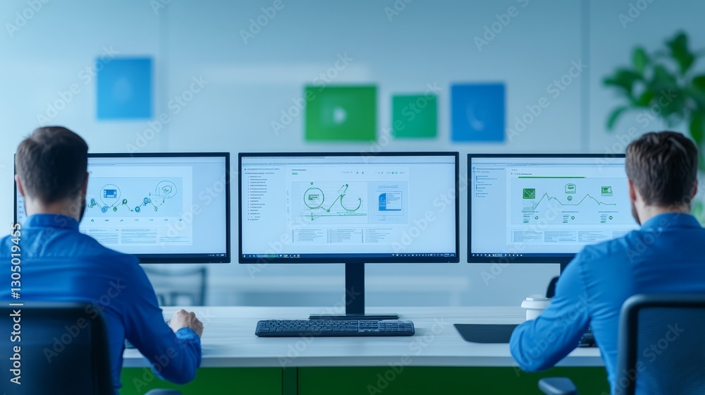 Poster individuals focused on their tasks utilizing dual monitor setup at modern workspace