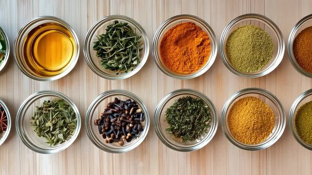 Spice Variety Pack: A vibrant collection of culinary spices in glass bowls, arranged in a neat grid pattern on a light wood surface.  The image showcases a range of colors and textures.