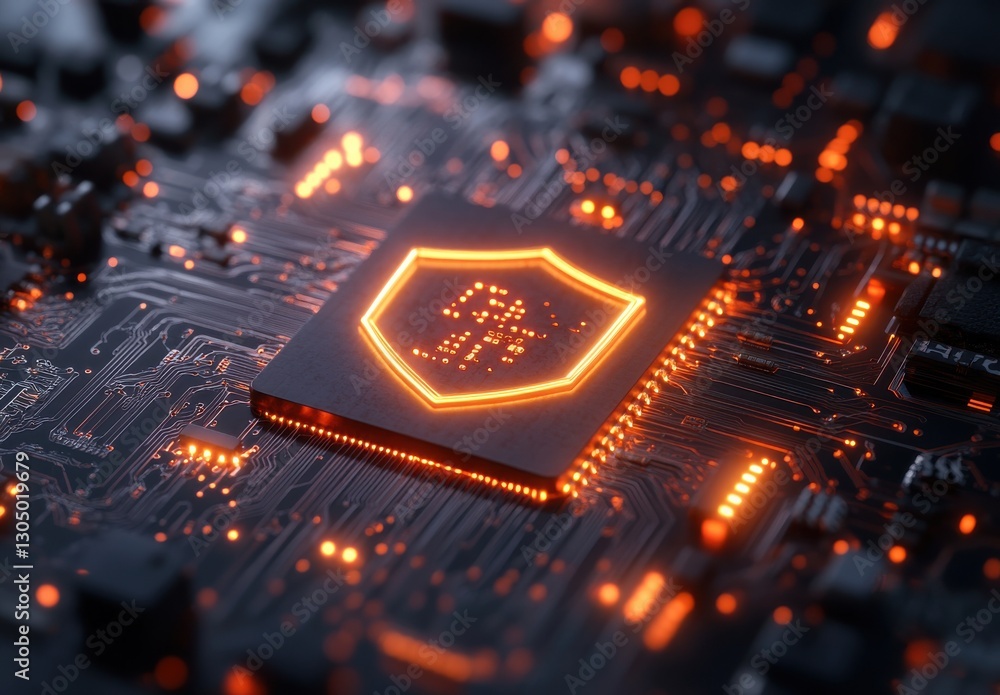 Poster glowing cybersecurity shield on circuit board in dark environment representing digital protection an