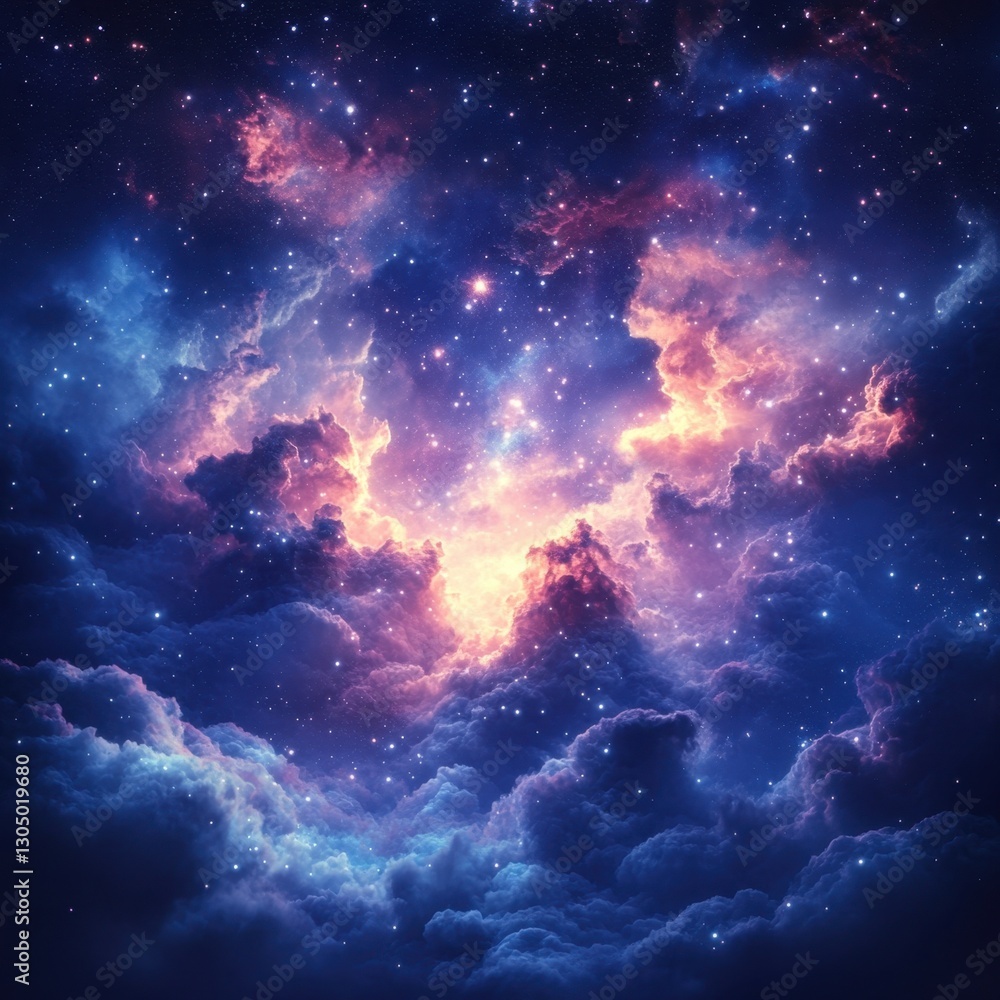 Poster ethereal nebula with celestial clouds and vibrant cosmic dust creating a mesmerizing galaxy backgrou
