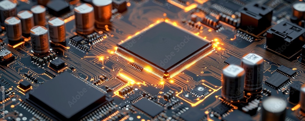 Poster peak energy demand concept. close-up of a circuit board with illuminated components and chips.