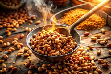 Naklejka premium Aerial Drone Shot: Roasted Peanut Kernels in Ladle, Vegetarian Food Ingredient