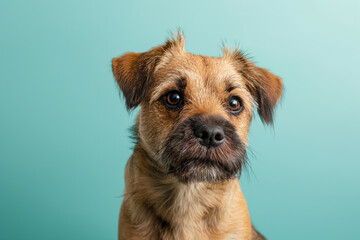 Border Terrier dog on minimalistic colorful background with Copy Space. Perfect for banners, veterinary ads, pet food promotions, and minimalist designs.
