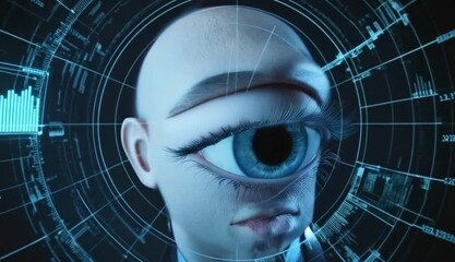 Animation of financial data processing and scope scanning over eye - Powered by Adobe
