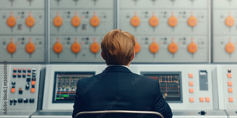 Poster peak energy demand concept. a person in a suit operates a control panel with various dials and butto