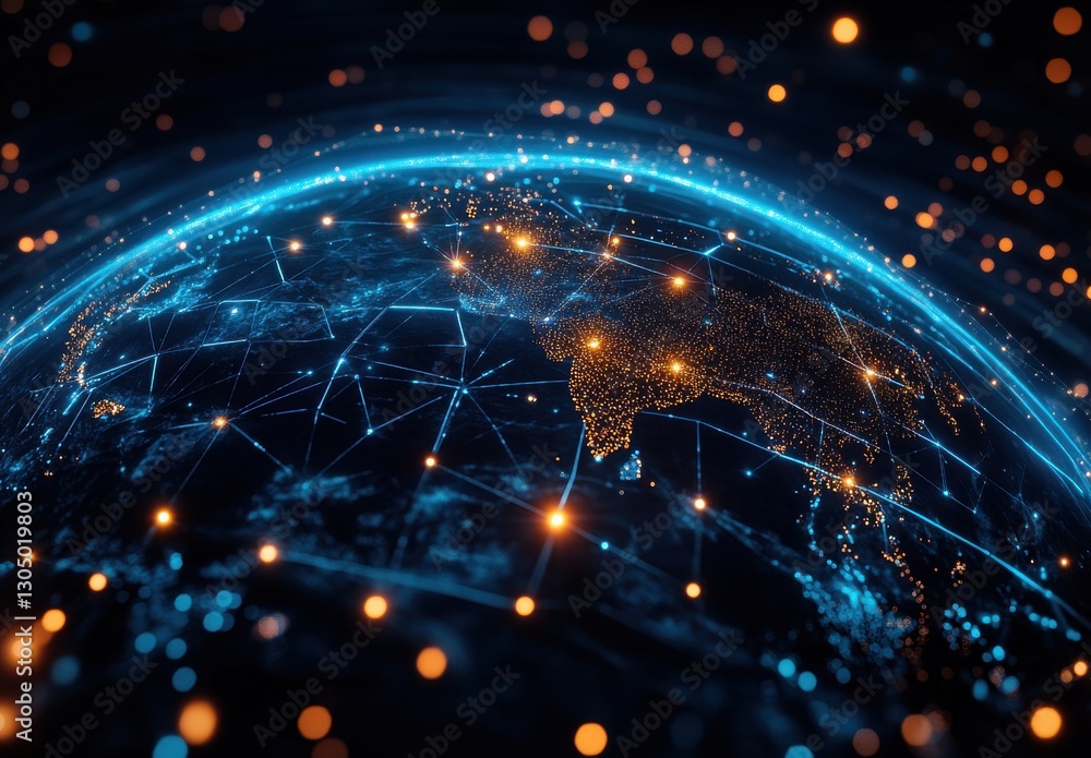 Poster global network visualization with bright connection nodes and blue earth representation illuminating