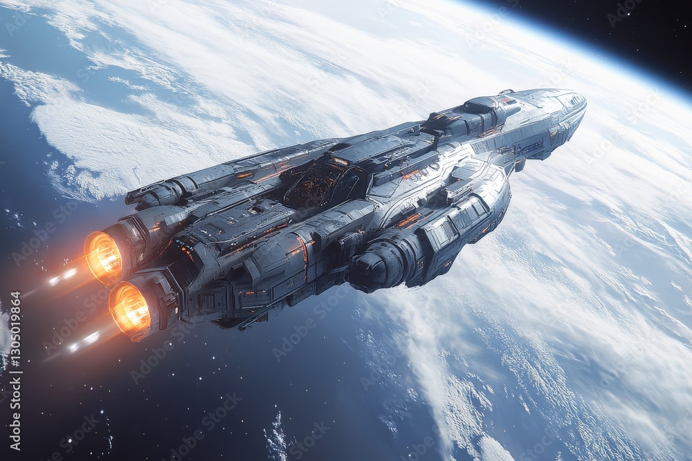Poster spacecraft travels through orbit around earth, showcasing advanced technology and engineering in a b