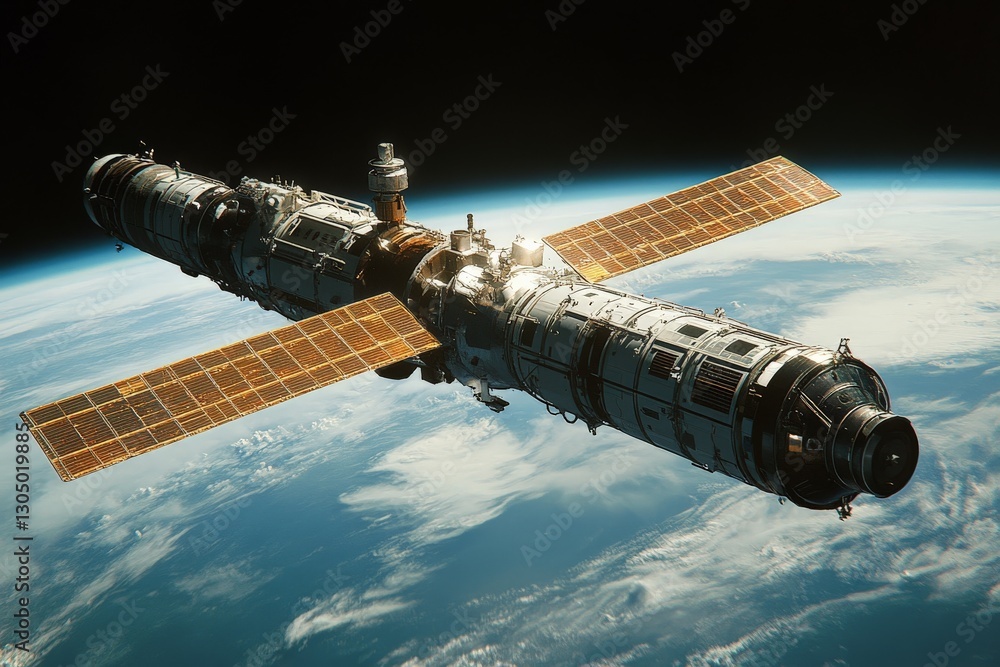 Poster space station orbiting earth with solar panels extended against a backdrop of clouds