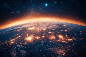 Dazzling view of Earth from space showcasing vibrant city lights against a starry background