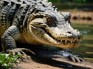 Close-Up of a Dangerous Crocodile in Its Natural Habitat: Wildlife Reptile Predator in Tropical...