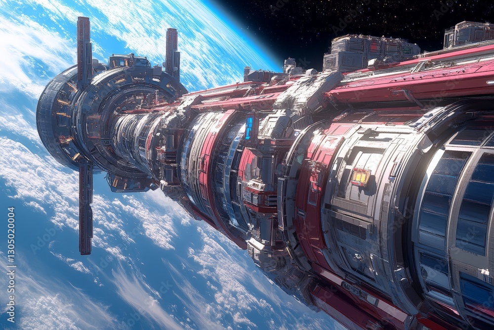 Poster Futuristic space station orbiting Earth with advanced technology and intricate design details