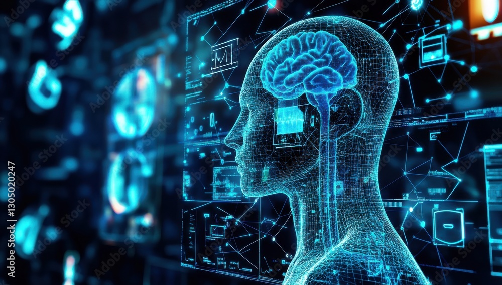 Poster glowing digital brain concept illustrating artificial intelligence, data processing, and human-machi