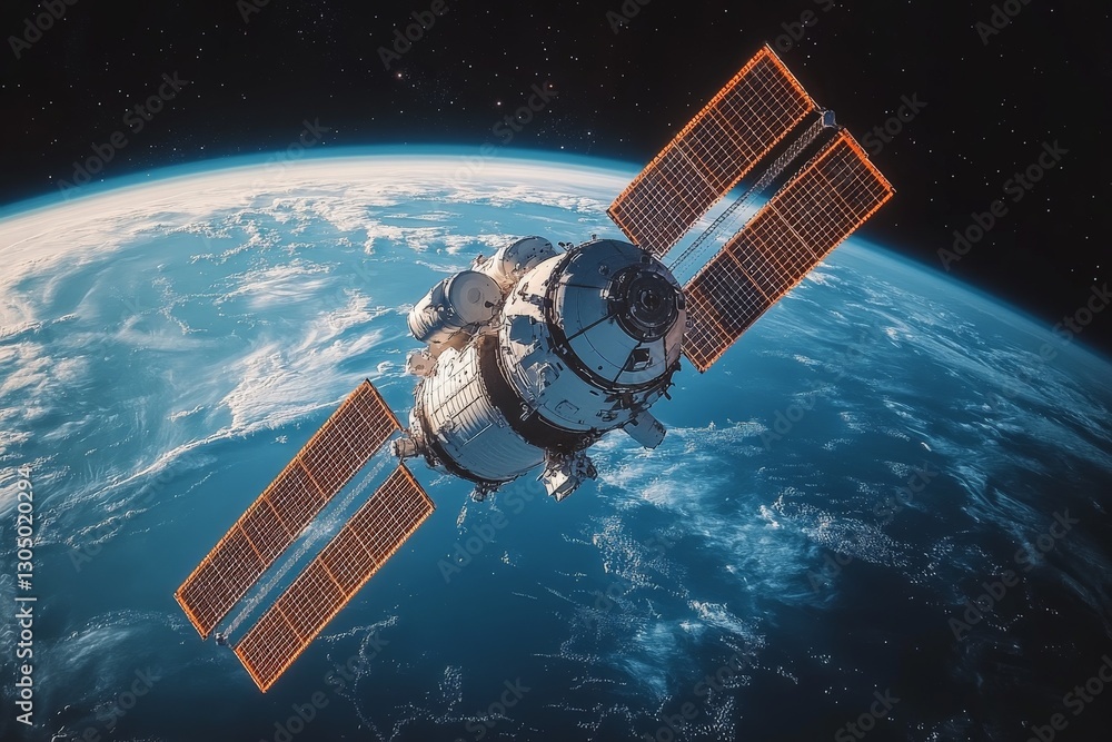 Aufkleber satellite orbits earth at a stable altitude, showcasing solar panels and advanced technology in a st