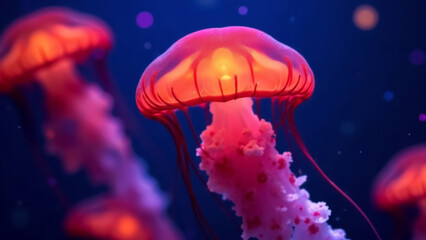Naklejka premium A jellyfish swims in the ocean at a depth of