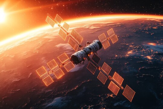 International Space Station orbits Earth during sunset with solar panels illuminated by sunlight