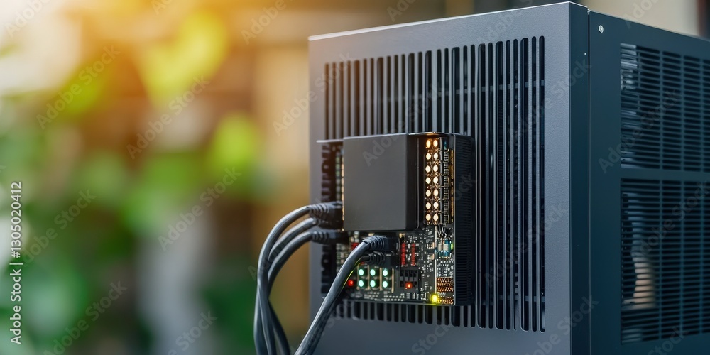 Poster peak energy demand concept. modern computer hardware with wires and circuitry against a blurred back