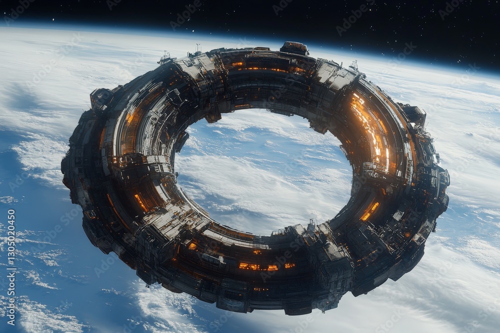 Aufkleber space station orbits earth with intricate design and glowing elements in a captivating celestial vie