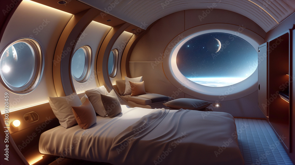 Poster this passengers relax in a spacious room featuring large windows and stunning cosmic views.