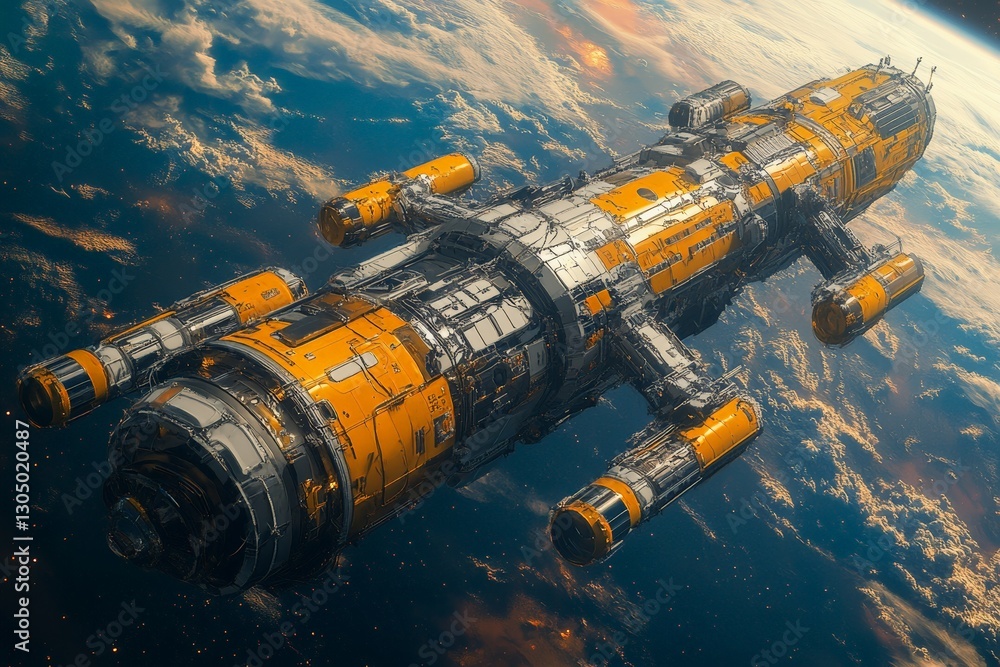 Poster spacecraft exploring the outer reaches of the galaxy near a distant planet's atmosphere