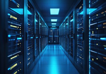 Futuristic data center with illuminated server racks glowing in blue light, symbolizing cloud computing, cybersecurity, and advanced network infrastructure