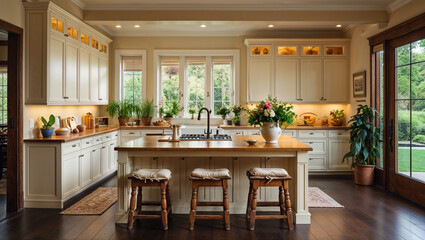 Bright modern farmhouse kitchen with island and stools displaying elegance and functionality