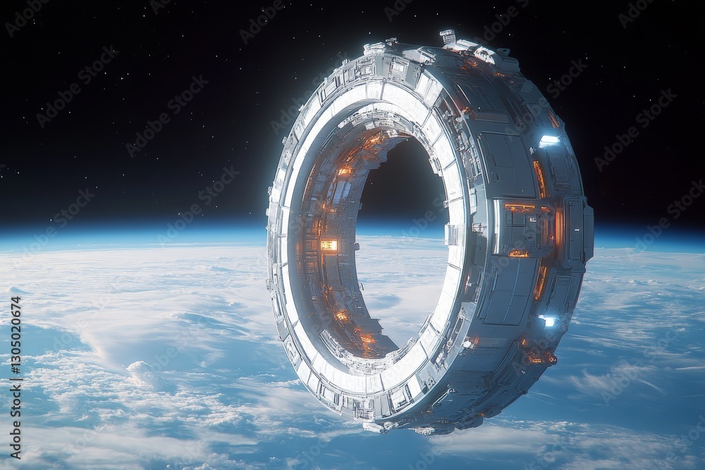 Poster Orbital space station with futuristic design hovering above Earth in low orbit