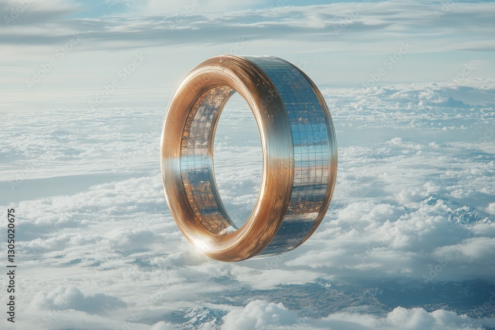 Poster Floating metallic ring structure above clouds during sunny day evokes curiosity and wonder in a surreal setting