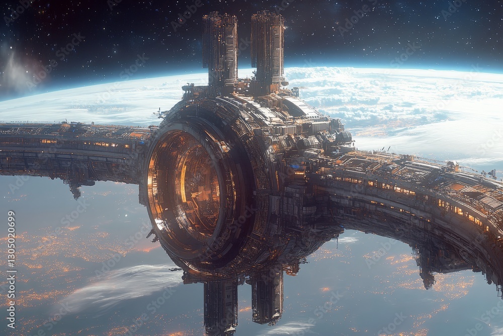 Poster Orbital station hovering above Earth with intricate details illuminating the vastness of space at dusk