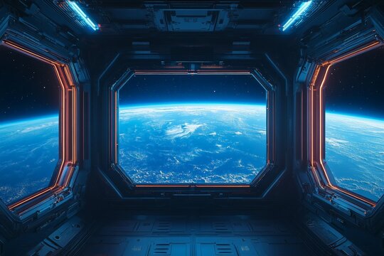 Stunning view from a futuristic spacecraft overlooking Earth at dawn
